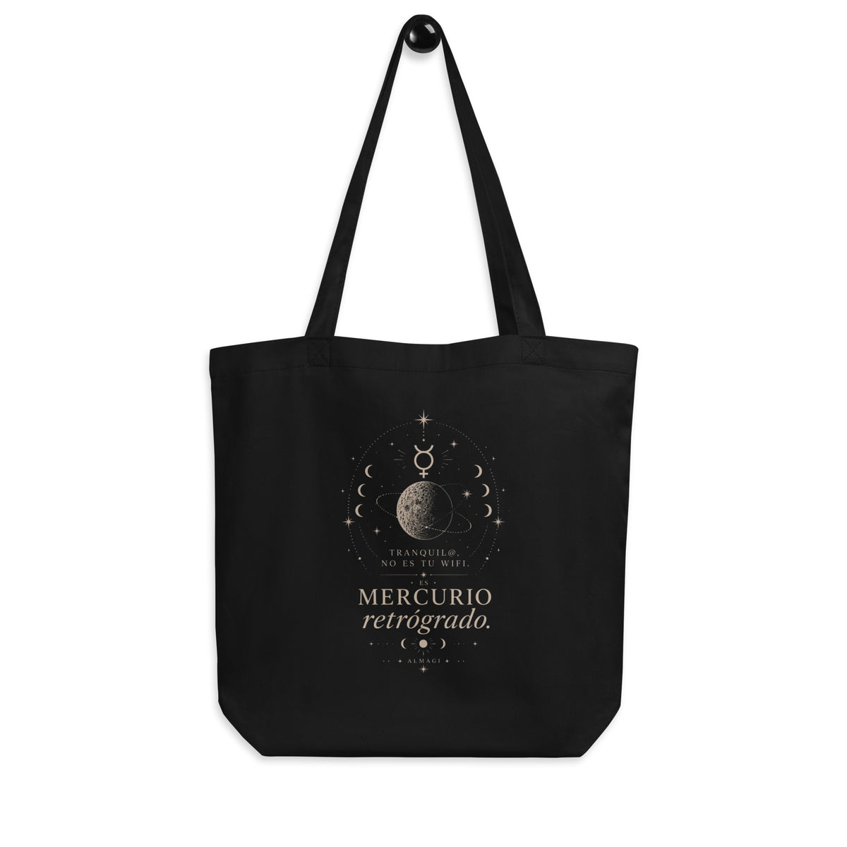 Tote bag de algodón orgánico Mercurio Retrógrado · Cosmic Chaos Collection ALMAGI, vista frontal